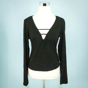 Reformation Size large L Black Leland Knit Strappy V Neck Long Sleeve Top Blouse